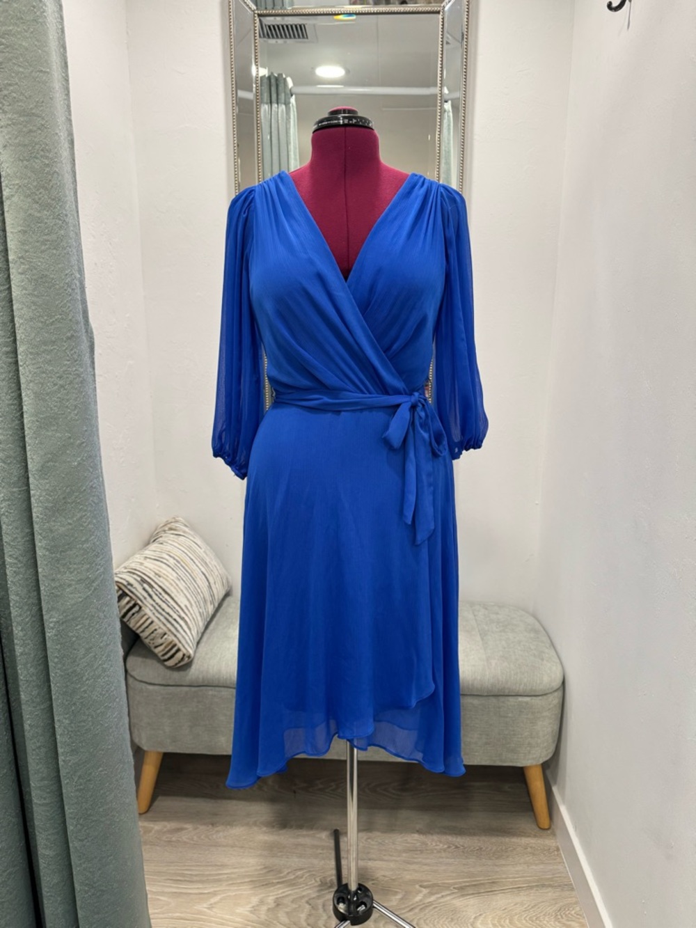 DKNY Cobalt Blue Wrap Midi Dress with Tie Waist